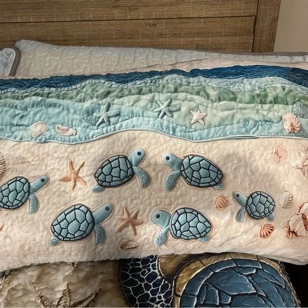 Sea Turtle Quilted Bedspread in Blue and Tan - Picture 6 of 14